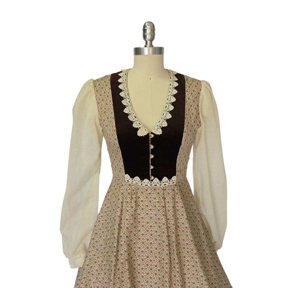 Gunne Sax Vintage 70s Brown Floral Midi Dress Size 7 S Velvet Prairie Calico - Picture 2 of 11